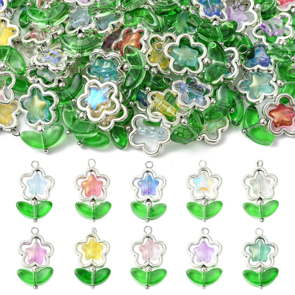 2084 60 pcs 10 Colors Star Flower Theme Glass Alloy Charms Spring Floral